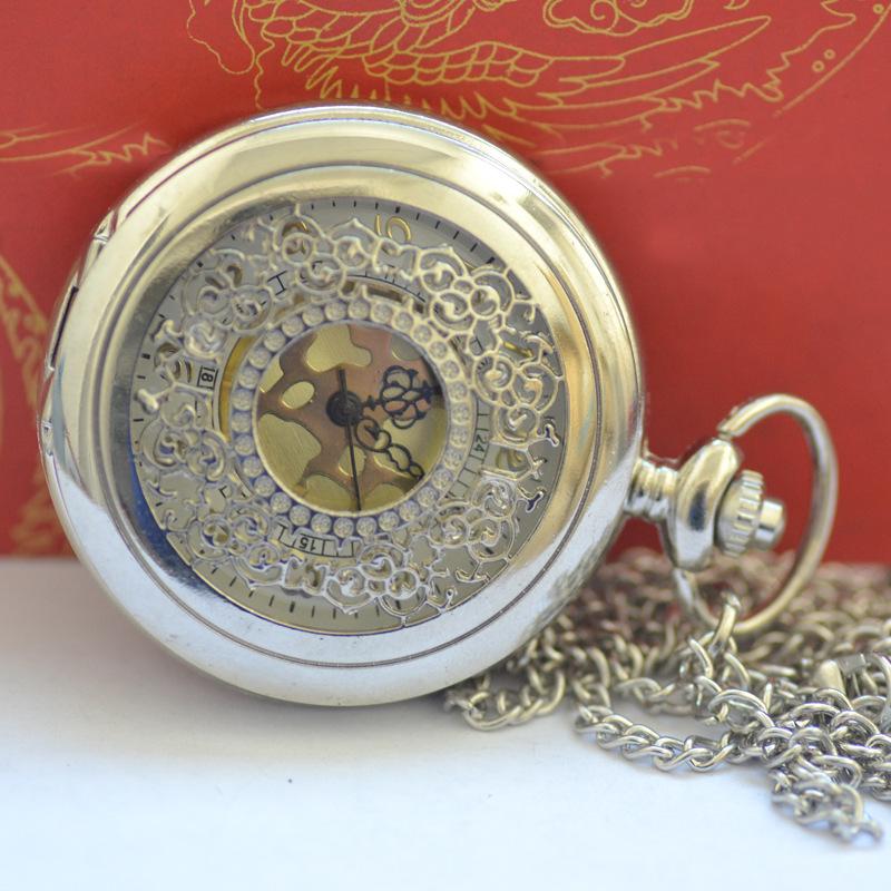 Vintage-Style Large Quartz Pocket Watch Necklace with Intricate Floral Design, Gold Face, Quartz Movement, 2028 Model