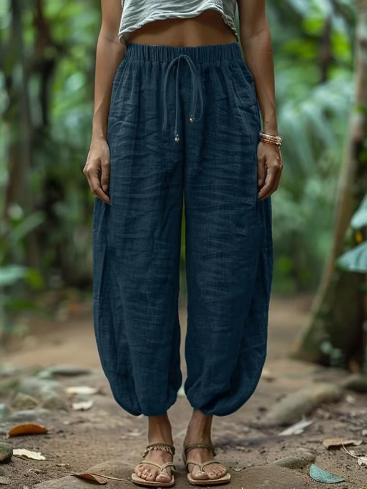 Loose Linen Pants | Comfortable and Easy Design with Fake Drawstring, Solid Color, All-season Wear