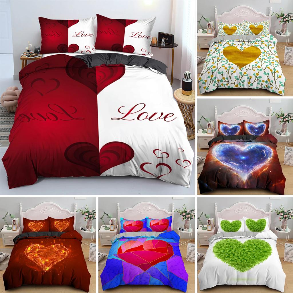 3D Love Heart Duvet Cover Microfiber Luxury Romantic Theme Bedding Set King Queen For Couple Valentine's Day Gifts Bedroom Decor
