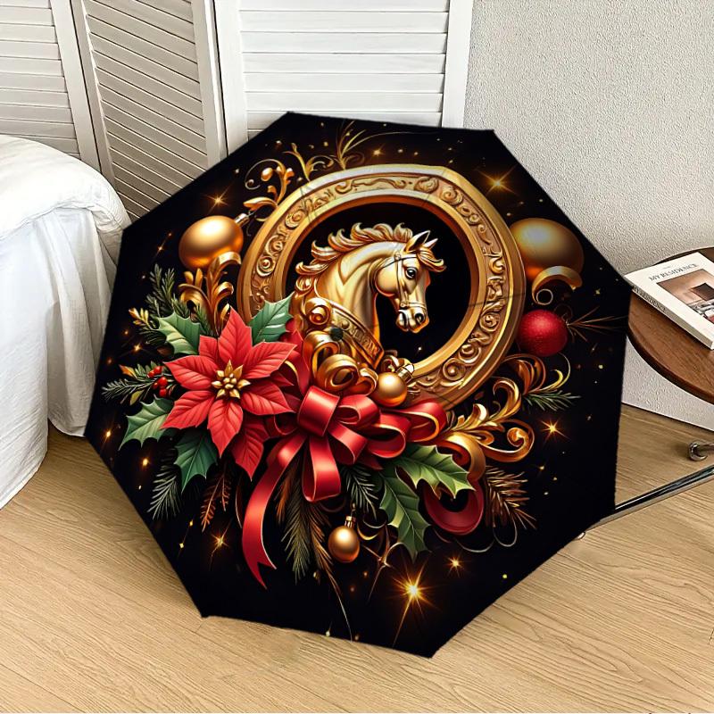 1pc Golden Horse Decoration Fashionable Automatic Opening/Closing Folding Umbrella with 8 Iron Bones, Plastic Handle yy251015067