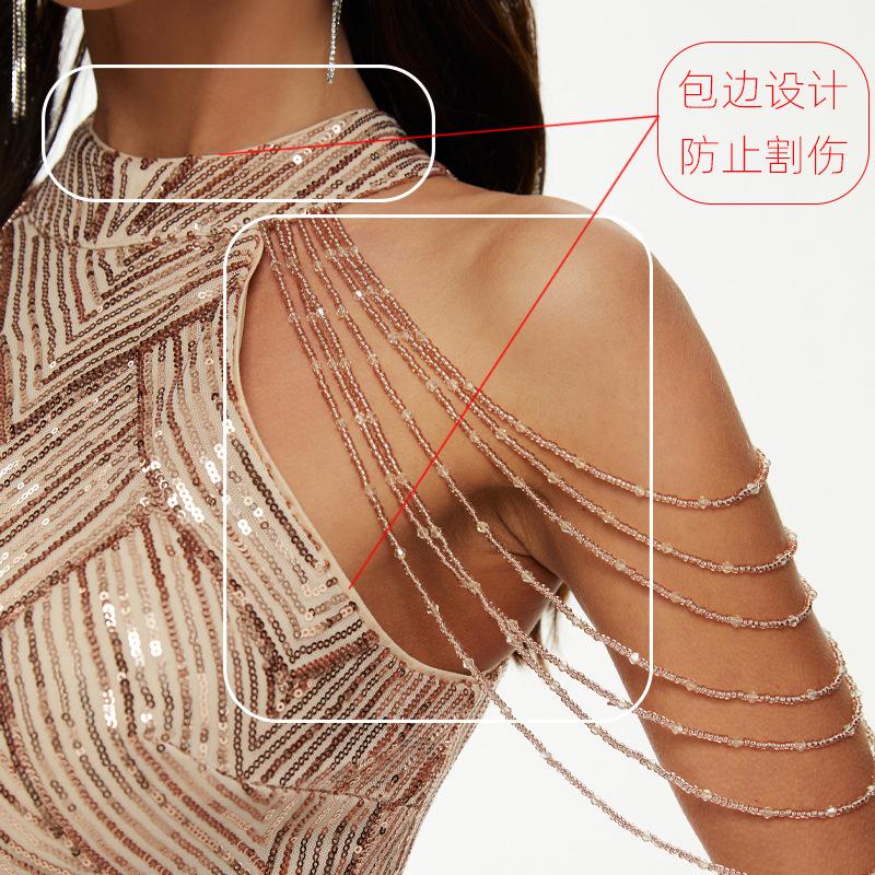 Damen Sexy Pailletten Quasten Schulterfrei Neckholder Bodycon Maxikleid Party Abendkleid Formelle Kleider Meerjungfrau Bodycon Cocktail Abendkleid für Damen