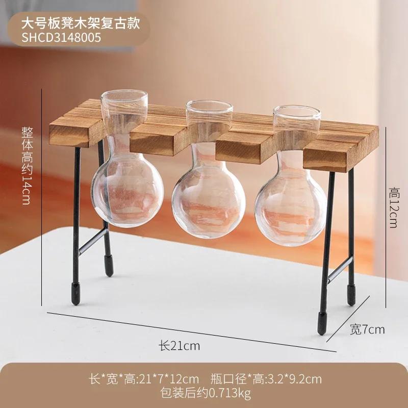 Artistic Wooden Frame Glass Hydroponics Vase Vintage Home Decor Artistic Transparent Flowerpot Coffee Shop Tabletop Decor