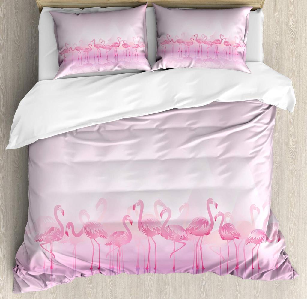 Flamingo Duvet Cover Set Tropical Animal Pattern King Bedding Set Girls Pink Floral Quilt Cover Queen Full Comforter Covers 3Pcs