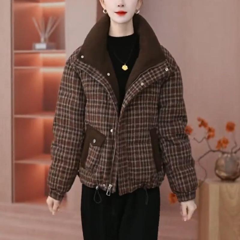 Thickened Warm Winter Plaid Cotton Jacket for Women Loose Casual Slimming Versatile Basic Outerwear Padded Coat