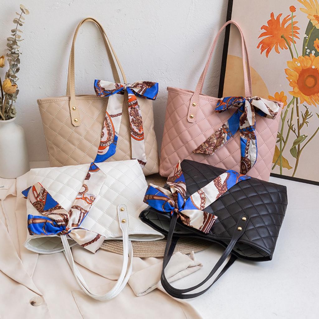 Fashionable Large Capacity Quilted Handbag with Scarf Embellishment - Soft Imitation Leather, Magnetic Buckle Closure, Suitable for Work and Leisure