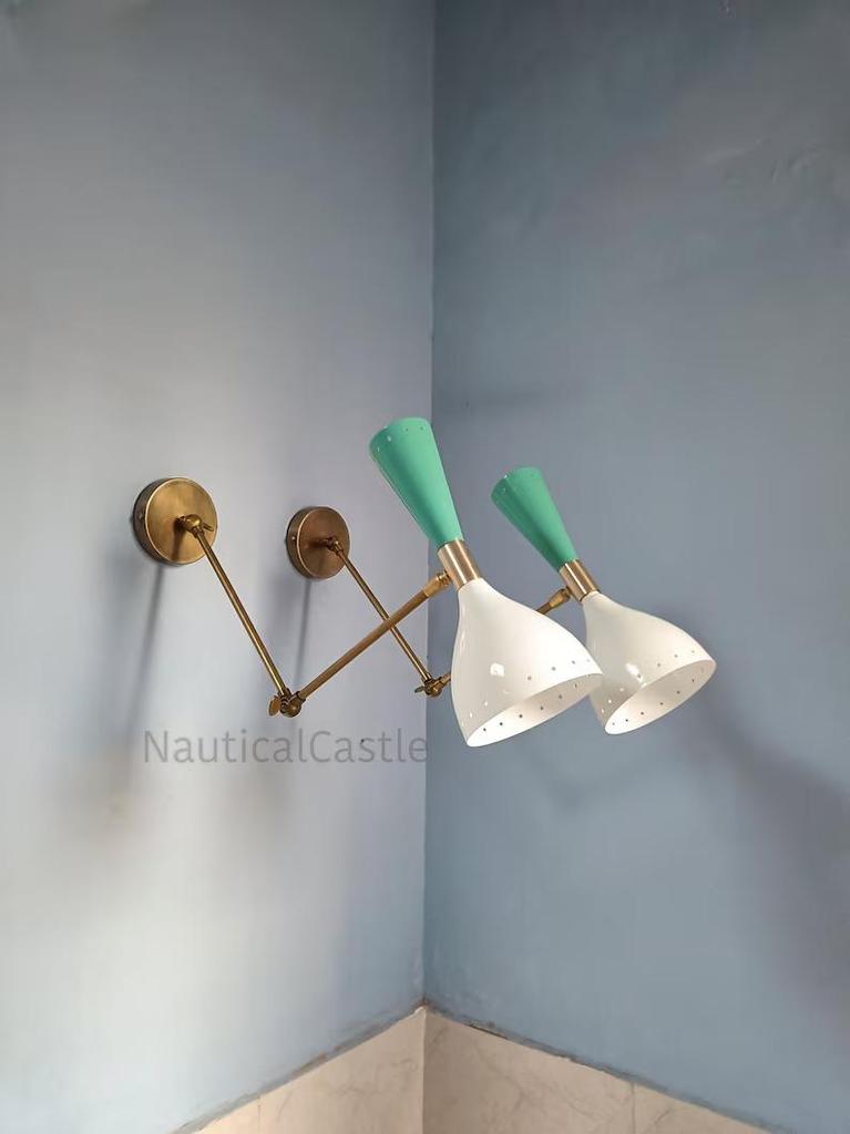 Mid Century Italian Brass Diabolo Wall Sconce Pair: Mint Green & White