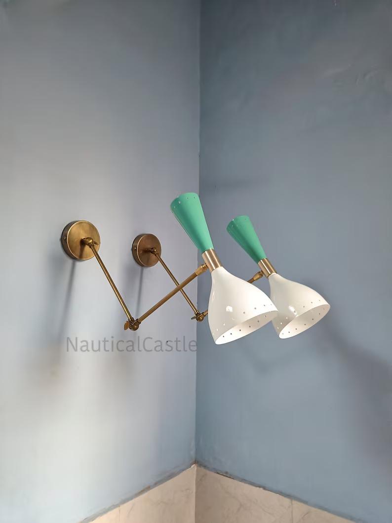 

Mid Century Italian Brass Diabolo Wall Sconce Pair: Mint Green & White зелений