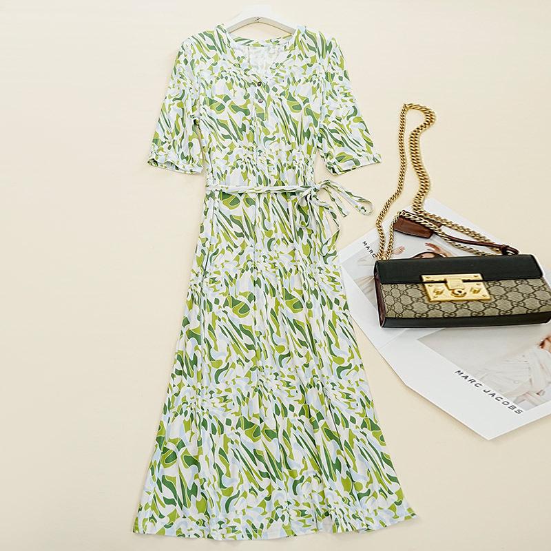 Guolian Floral V-Neck Slimming Long Dress - Mulberry Silk