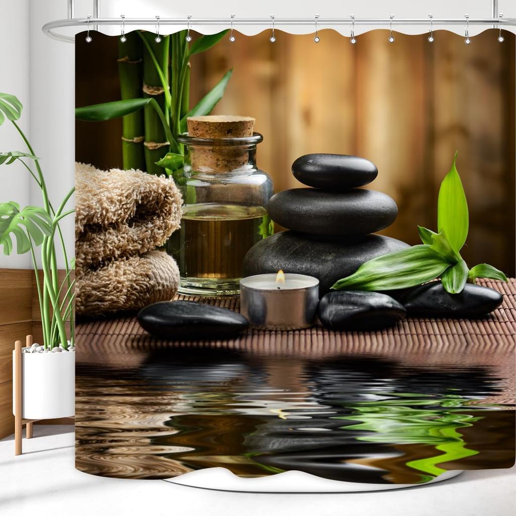 Zen Spa Shower Curtain Basalt Stones Herbal Oil Scent Candles Bamboo And Water Reflection Relaxing Meditation Home Dcor Waterpr