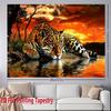 2D Flat, Leopard Sunset Reflection Water Jungle Tapestry Wall Hanging For Living Room Bedroom Decor Wild Animal Nature Art Print