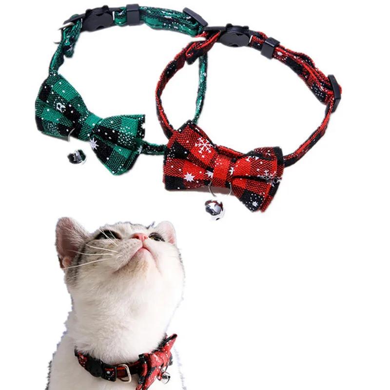 Pet Breakaway Cat Collar Bow Tie and Bell Cute Plaid Christmas Red Elastic Adjustable Dog Collar with Sash Bell New Year Gifts
