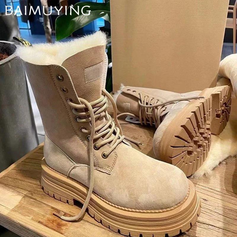 Platform Snow Ankle Boots Women Fur Warm Suede Shoes Woman 2025 Trend Winter Short Plush Goth Walking Motorcycle Botas De Mujer