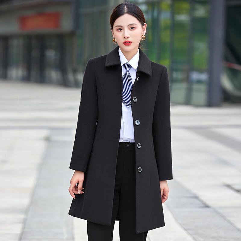 Women's Black Wool Blend Mid-Length Coat