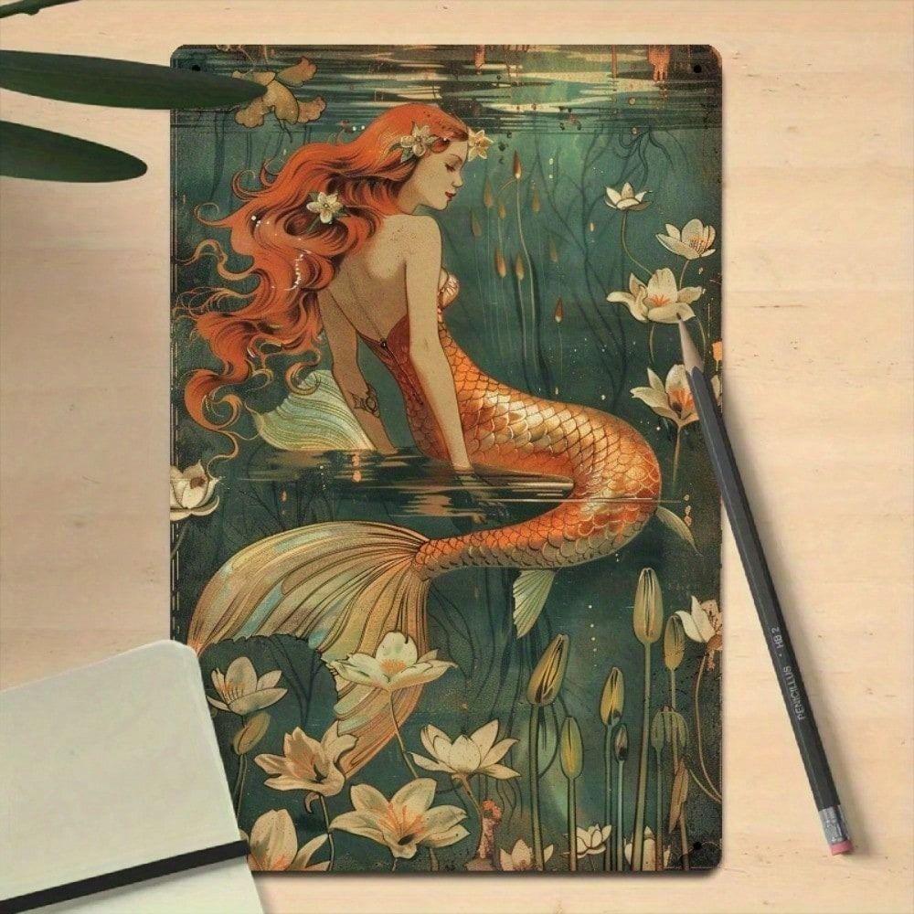 Metal Poster Vintage Mermaid Flower Art 8x12 Inch Wall Decor for Bathroom Living Room