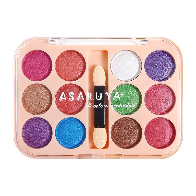 Asha Ruya Shimmering 12-Color Eyeshadow Palette - Student Stage Makeup, Pearlescent Glitter, Blue/Green/Purple.