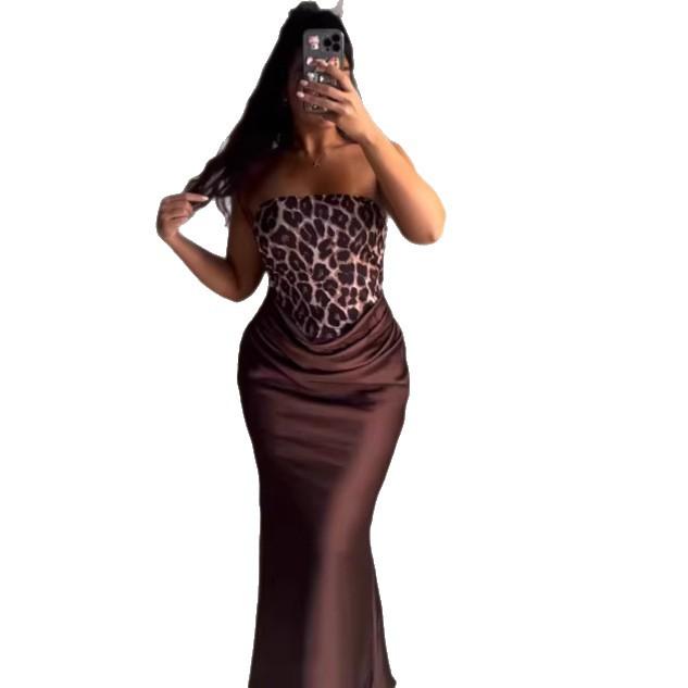 European and American Summer Pure Desire Style Leopard Print French Tube Top Dress, Sexy Off-the-shoulder Temperament, Waist and Thin Buttocks