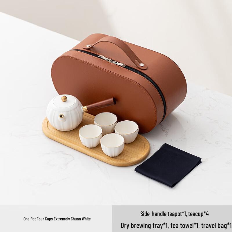 Portable Ceramic Tea Set 1 Pot, 4 Cups + Tea Tray