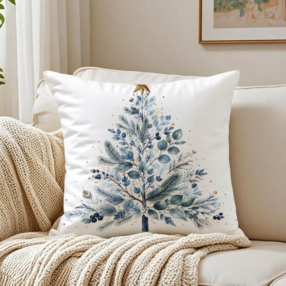 Blue Stars Pine Christmas Tree Cushion Cover Organic Short Plush Pillow Case Machine Washable Wrinkle-Resistant Soft Durable