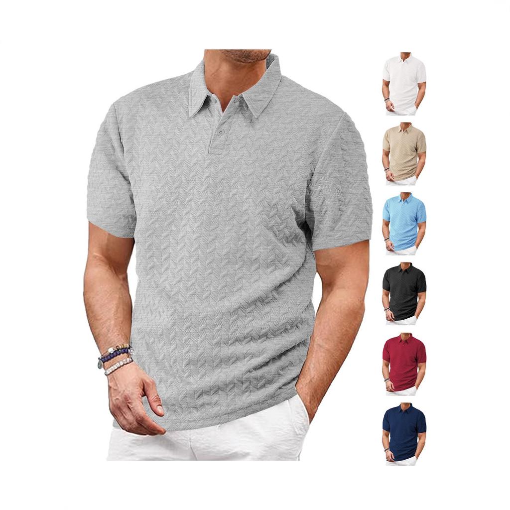 Men's clothing European and American summer thin breathable perspiration loose casual solid color jacquard cloth men's short-sleeved Polo shirt