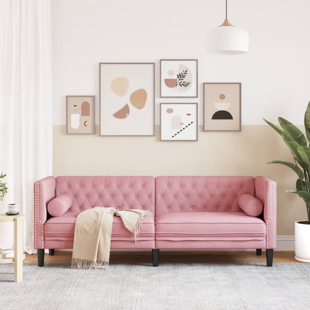 Vidaxl Chesterfield Sofa with Rollers, Three-Seater, Pink, Velvet