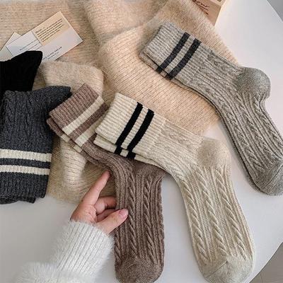 Simple Two-bar Striped College Style Thigh-high Socks, Thickened Socks, Women's Mid-calf Socks with Snow Boots, and A Pile of Socks for Women