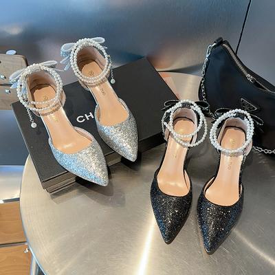 Chaussures de mariage argentées à talons hauts pour femmes, talons fins, nouvelles à bout pointu, nœud en strass, double porté, chaîne perlée, chaussures simples