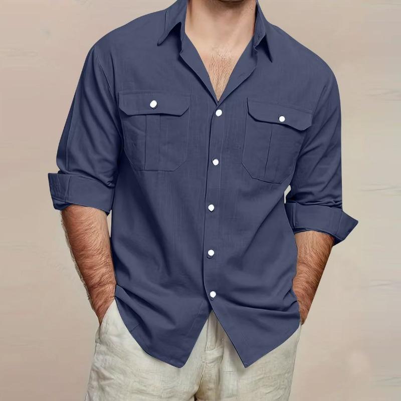 Camicia da uomo a maniche lunghe in cotone con doppia tasca, colori casual