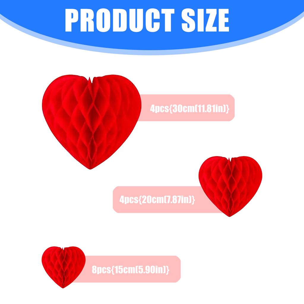 16Pieces Red Paper Heart Honeycomb Ball Decors for Home Office Romance Event Valentine's Day Special Event DIY