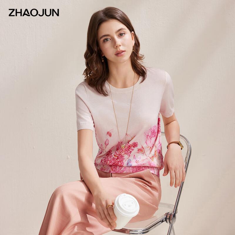Zhaojun Women's Floral Print Round Neck Silk Blend Knit T-shirt