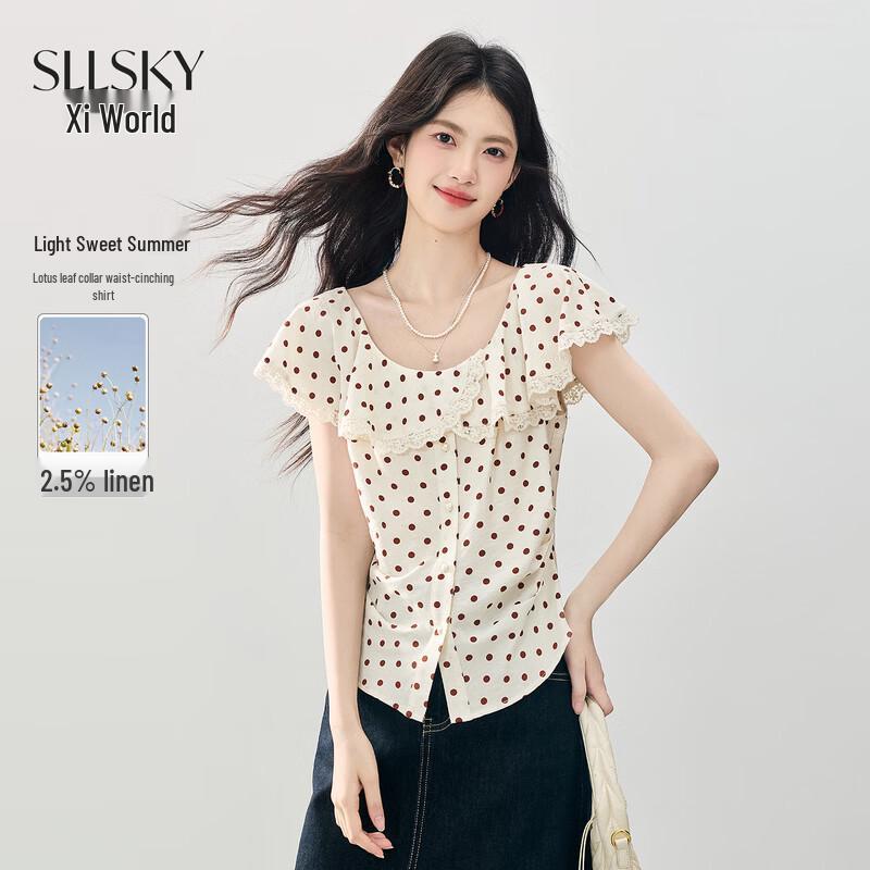 French Irregular Ruffle Polka Dot Blouse M