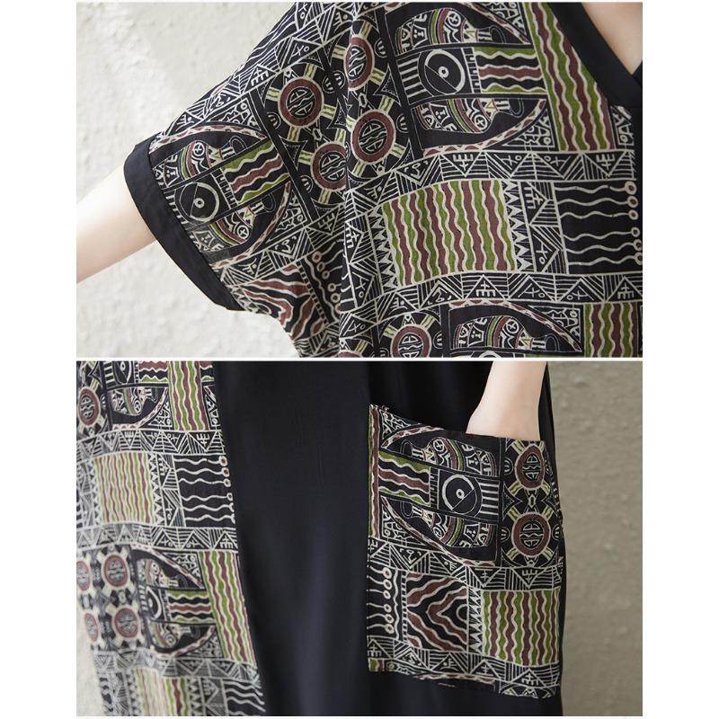 DIMANAF 2025 Summer Women Plus Size Dress Basic Casual Dress Loose Vintage Printing Long Beach Short Sleeve Dress