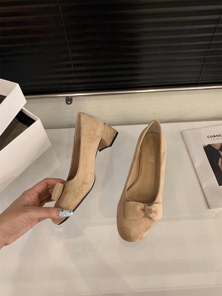 French medium and high heel pink suede single shoes women's shoes 2025 new spring and autumn bow with skirt evening shoes