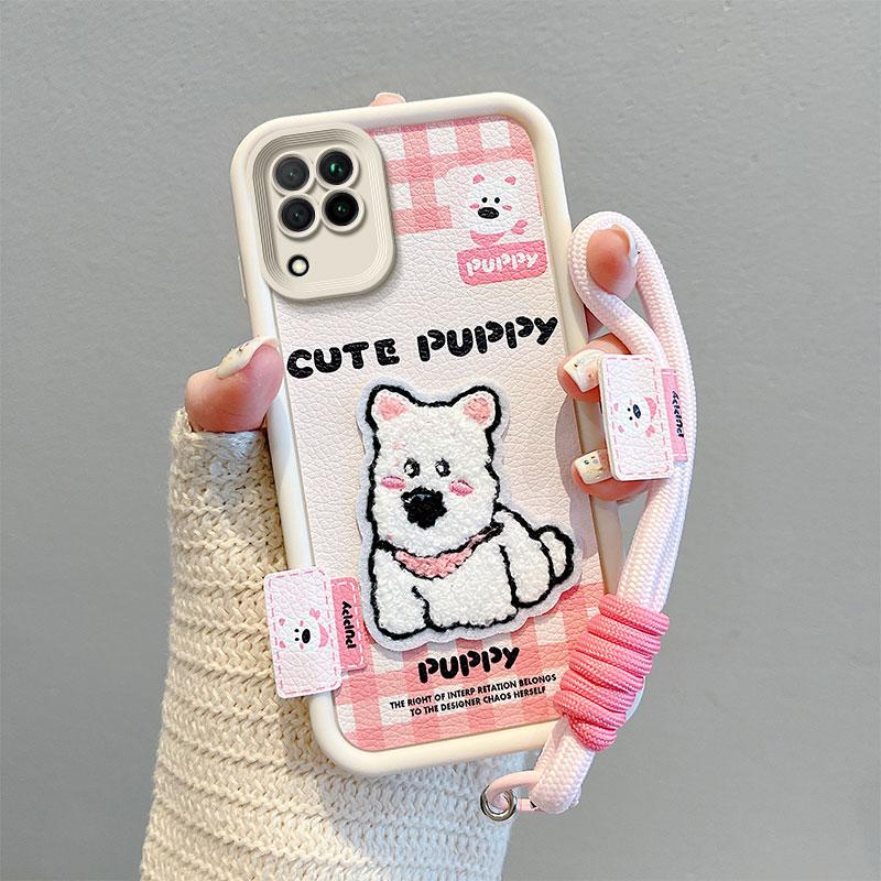 KEYSION Cartoon Cute Plush Embroidery Case for Samsung A12 with Lanyard Soft Silicone Shockproof Phone Back Cover for Galaxy M12