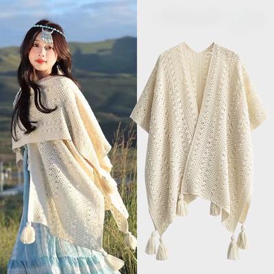 Pure Color Cape Ethnic Style Shawl Women's Outer Wear Knitted Yunnan Lijiang Xinjiang Xizang Travel Photo Cloak Cloak Coat