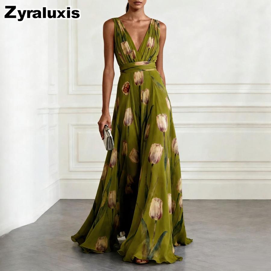New Peony Floral Evening Gown for Women, Sleeveless V-Neck Maxi Dress