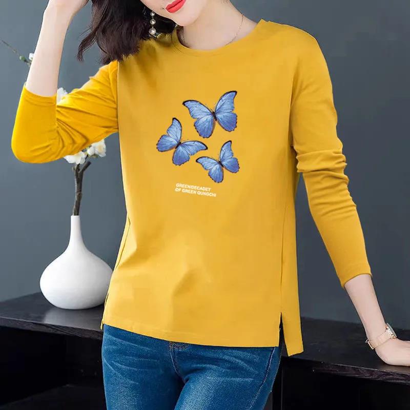 Three Butterfly Print T-shirt Women Cotton Pullover Long Sleeve Bottoming Shirt Casual Split Shirt Spring