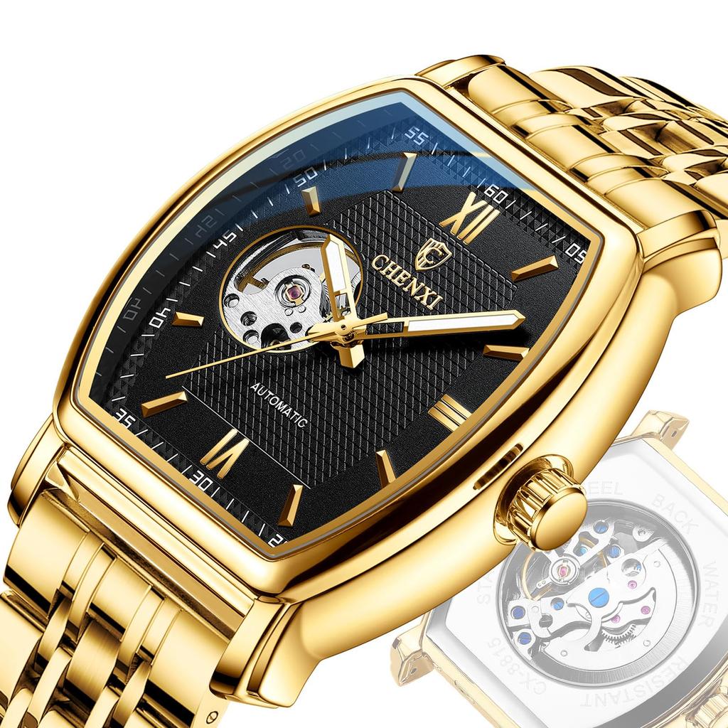 Square Open Heart Stainless Steel Birthday Gold Black Men's Watch Cool, Stylish, Popular, Fashionable, Formal, Business, Gift, Anniversary, - &