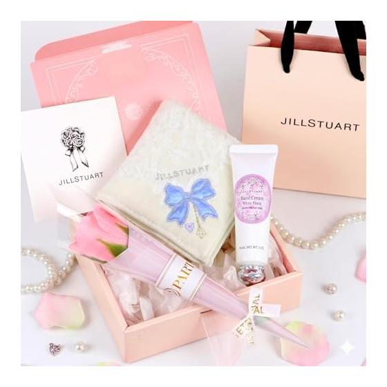 JILL STUART Wrapped Gift Set Towel Handkerchief + Hand Cream + Message Card + Seasonal Soap Flower Bouquet [RIBBON]