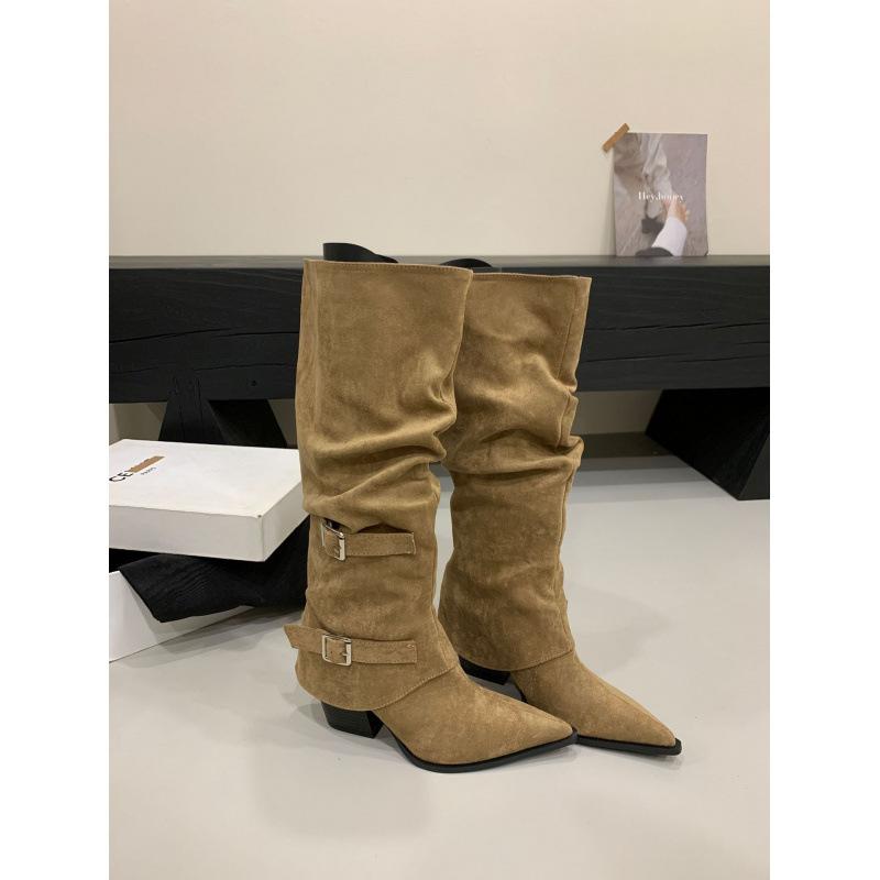 

2025 autumn and winter new retro pointed belt buckle thick heel high heel boots high boots knight boots 39 хаки