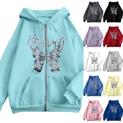 Damen Reißverschluss Hoodie Lockerer Sitz Lässiger Bedruckter Pullover