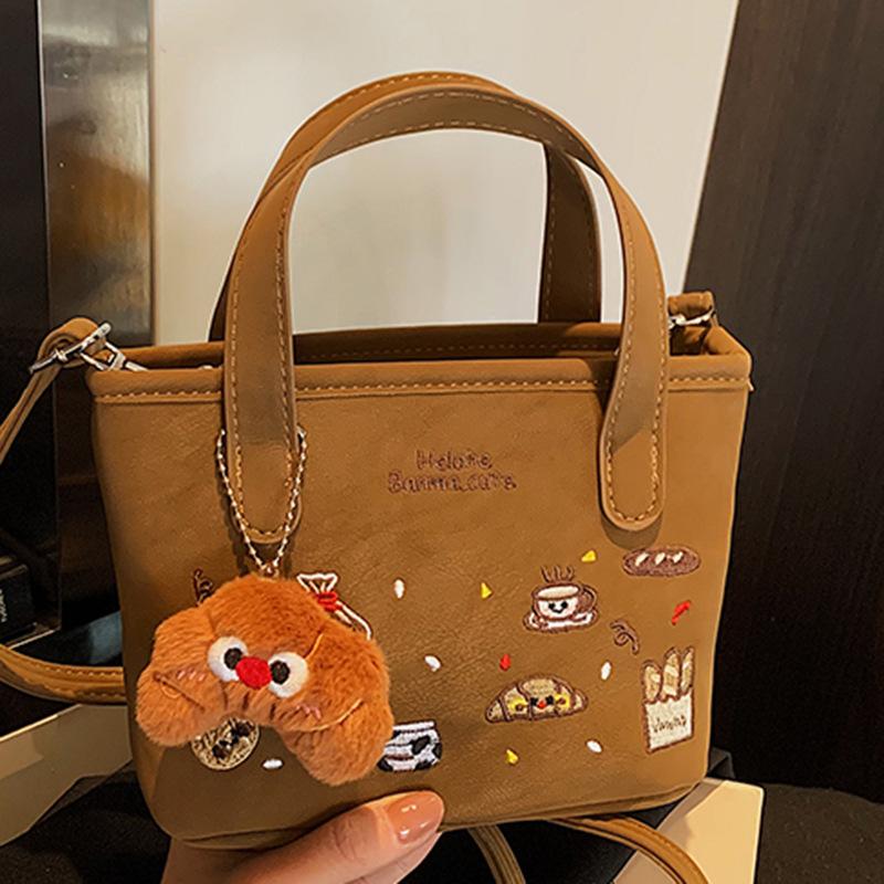Cute Cartoon Embroidery PU Leather Women's Shoulder Bags Retro Versatile Ladies Crossbody Bag Casual Solid Color Female Handbag