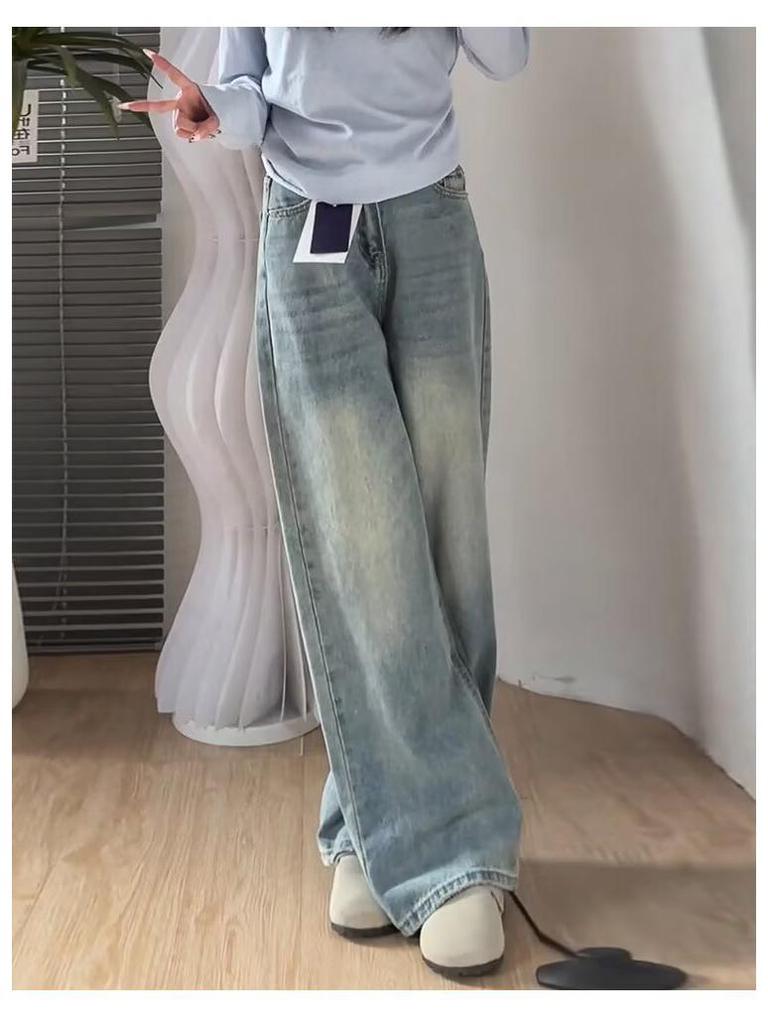Women's High-Waisted Retro Wide-Leg Jeans - Loose, Slimming, Petite, Plus-Size, Floor-Length for Spring & Autumn