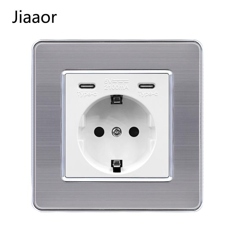 Padrão Europeu Tipo 86 Painel de Interruptor e Tomada de Parede Duplo em Aço Inoxidável com USB-C, Estilo Alemão, Montagem de Parede Embutida.