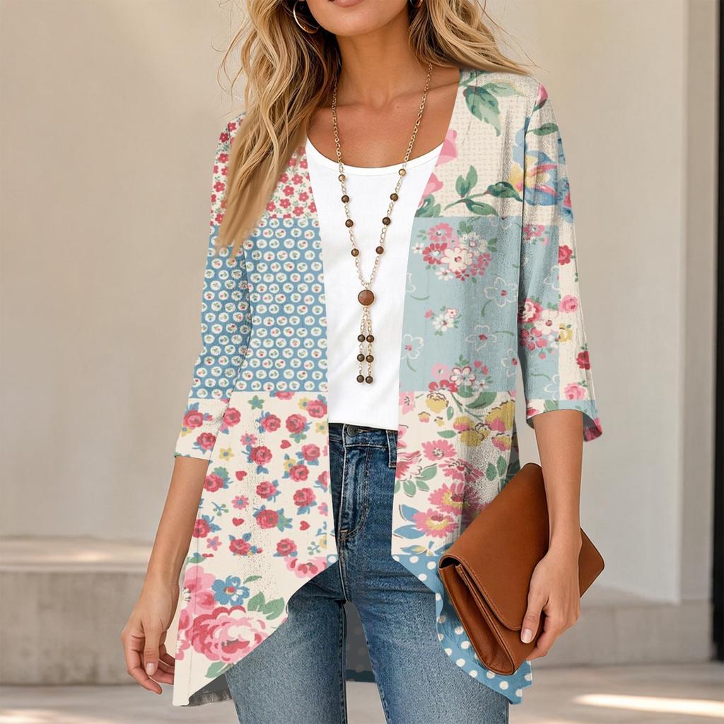 Women's Vintage Floral Print Three-Quarter Sleeve Cardigan Casual Loose Fit Lightweight for Spring Summer