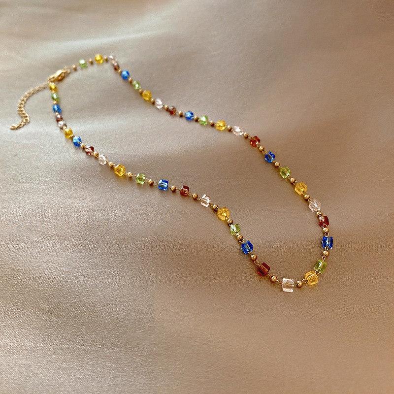 Einfacher Bunter Quadratischer Acryl-Choker Mode Goldfarbene Perlenketten-Halskette Vintage Kristall-Halskette für Frauen Partyschmuck