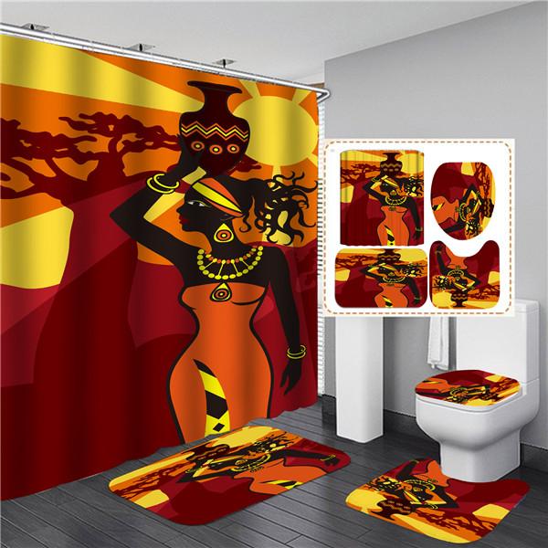 4PCS Full Set Bathroom Curtain Set Elegant African Black Woman Shower Curtain Hooks Modern Bath Mat Toilet Lid Cover Anti-slip Bath Mats
