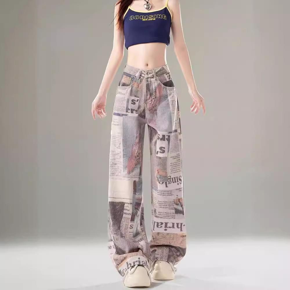 Women's Retro High Waist Newspaper Print Wide Leg Jeans