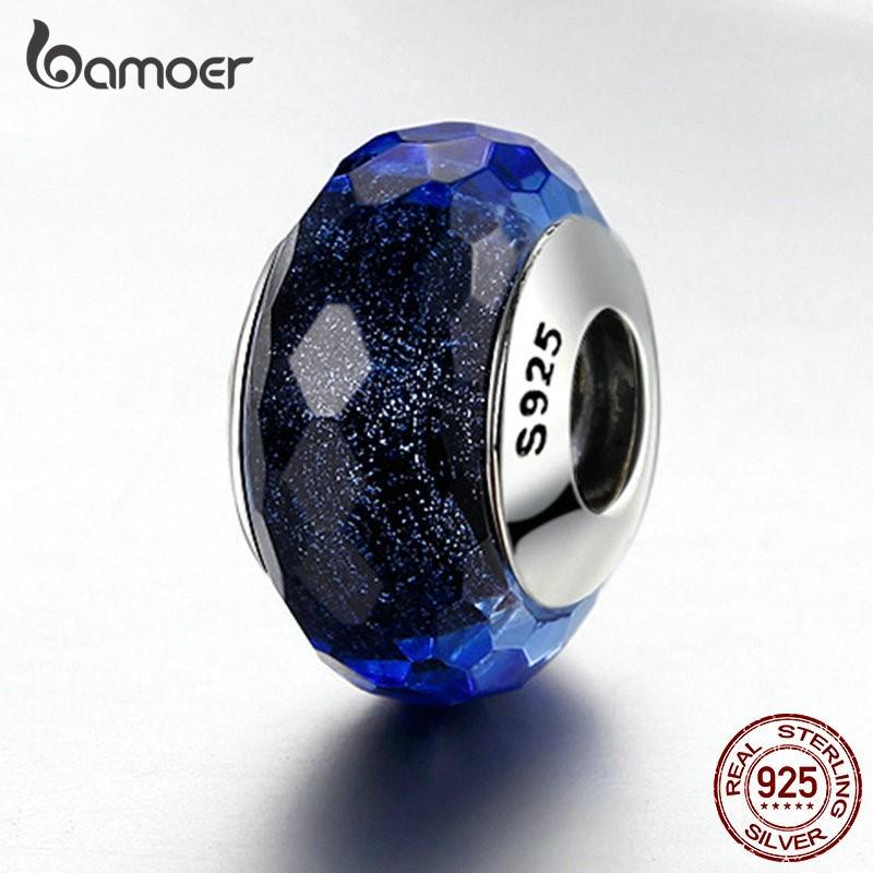 

BAMOER ярко-синяя очаровательная переливающаяся подвеска в европейском стиле из муранского стекла, подходит для браслетов DIY 925 silver
