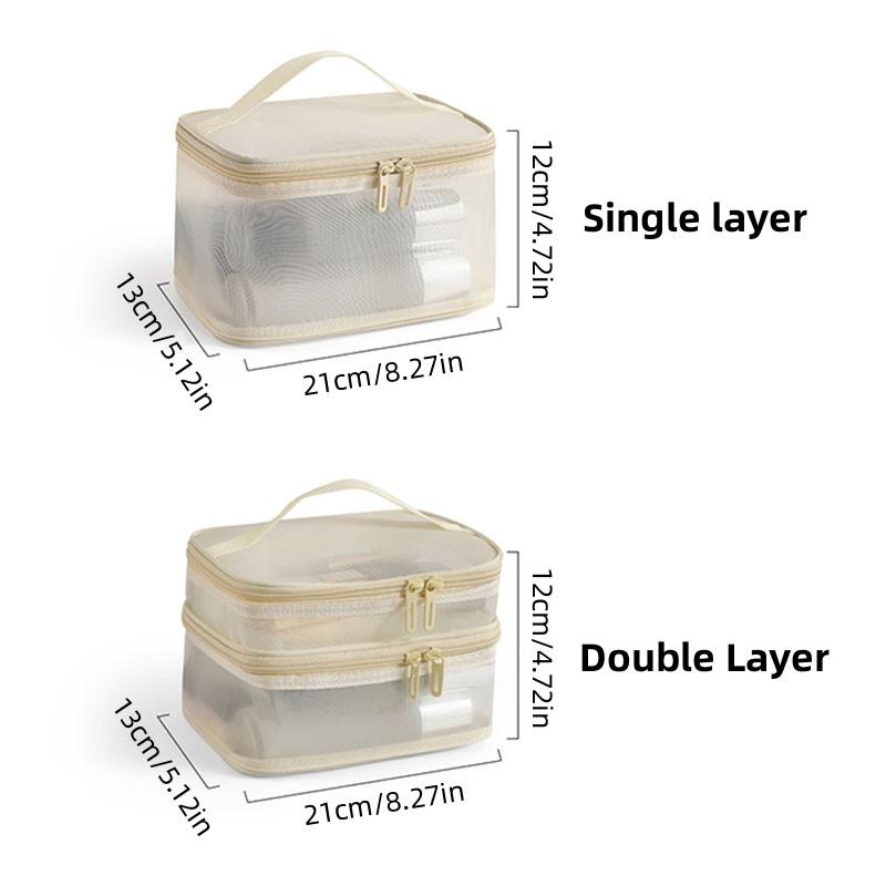 Double Layer Cosmetic Bag, Large Portable Mesh Travel Cosmetic Bag, with Double Zipper Makeup Brush Multifunctional Toiletry Bag