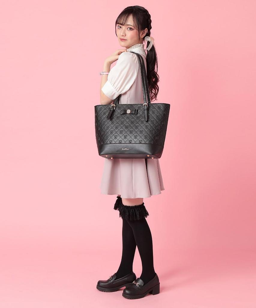 [SecretDoor] Black Tote Bag for Women, Shoulder Bag, Large, Large Capacity, A4, Synthetic Leather, Gusseted, Logo, Frills, 332913-01